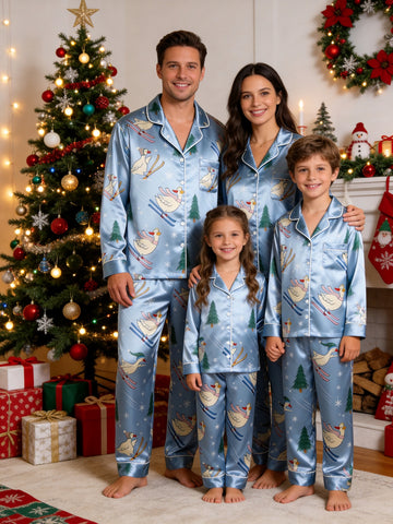 Family Matching Satin Pajamas Set Two-Piece Button-Down Long Sleeve Sleepwear with Cute Skiing Ducks Print