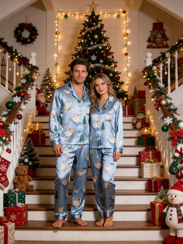 Couple Matching Satin Pajamas Set Two-Piece Button-Down Long Sleeve Sleepwear with Cute Skiing Ducks Print