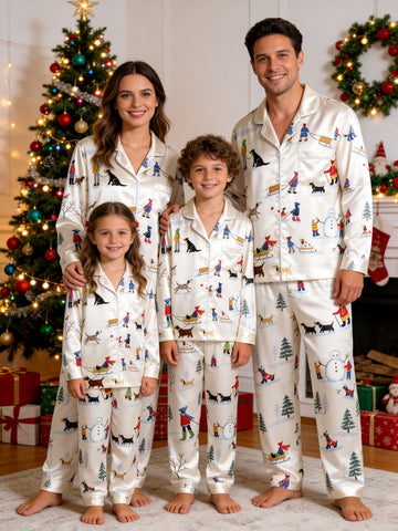 Family Matching Satin Pajamas Set Two-Piece Button-Down Long Sleeve Sleepwear with Winter Dogs Sledding & Snowman Print