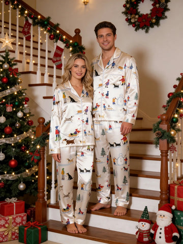 Couple Matching Satin Pajamas Set Two-Piece Button-Down Long Sleeve Sleepwear with Winter Dogs Sledding & Snowman Print