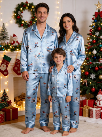 Family Matching Satin Pajamas Set Two-Piece Button-Down Long Sleeve Sleepwear with Ice Skating & Sledding Figures Print