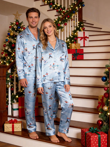 Couple Matching Satin Pajamas Set Two-Piece Button-Down Long Sleeve Sleepwear with Ice Skating & Sledding Figures Print