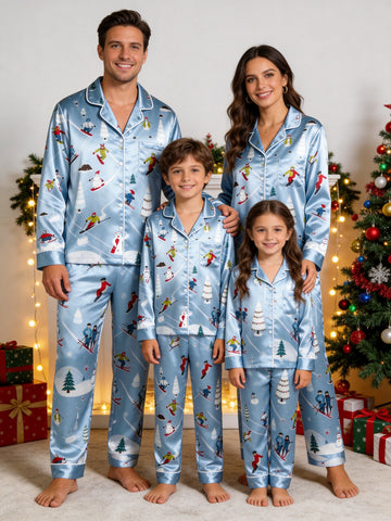 Family Matching Satin Pajamas Set Two-Piece Button-Down Long Sleeve Sleepwear with Skiers & Snowy Mountain Slopes Print