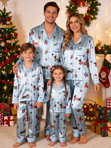 Family Matching Satin Pajamas Set Two-Piece Button-Down Long Sleeve Sleepwear with Party Dachshund Dogs & Presents Print