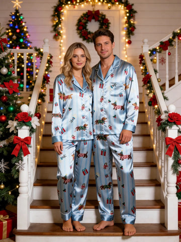 Couple Matching Satin Pajamas Set Two-Piece Button-Down Long Sleeve Sleepwear with Party Dachshund Dogs & Presents Print
