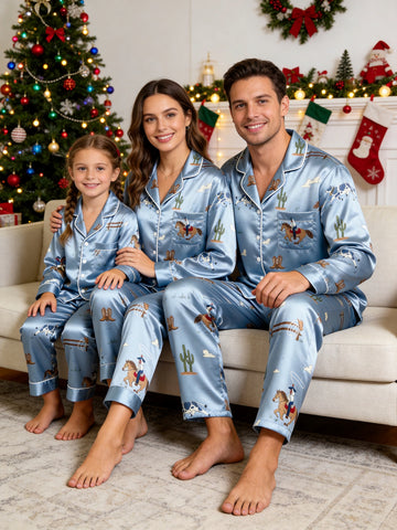 Family Matching Satin Pajamas Set Two-Piece Button-Down Long Sleeve Sleepwear with Western Cowboys & Horses Print