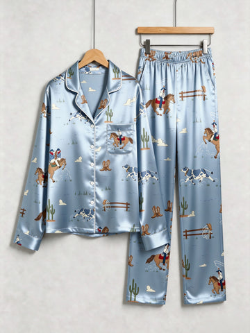 Couple Matching Satin Pajamas Set Two-Piece Button-Down Long Sleeve Sleepwear with Western Cowboys & Horses Print