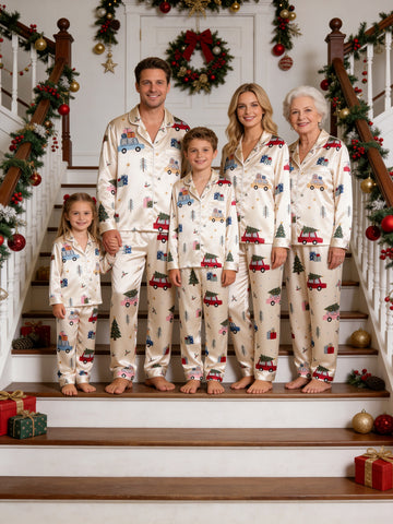 Family Matching Satin Pajamas Set Two-Piece Button-Down Long Sleeve Sleepwear with Vintage Holiday Cars & Christmas Trees Print