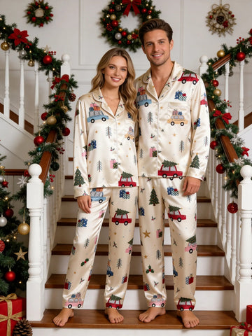 Couple Matching Satin Pajamas Set Two-Piece Button-Down Long Sleeve Sleepwear with Vintage Holiday Cars & Christmas Trees Print
