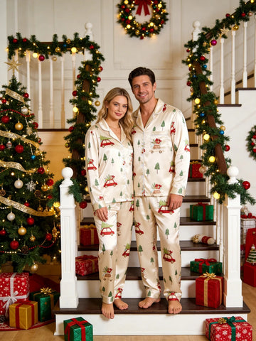 Couple Matching Satin Pajamas Set Button-Down Long Sleeve Sleepwear with Red Holiday Cars & Christmas Trees Print