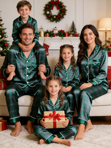 Classic Emerald Green Tartan Plaid Matching Family Family Satin Pajama Set Holiday Sleepwear