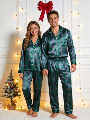 Classic Emerald Green Tartan Plaid Matching Couple Couple Satin Pajama Set Holiday Sleepwear