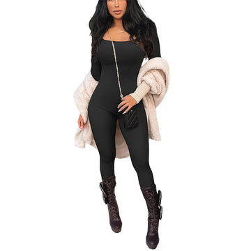 Solid Color Ribbed Knit Square Neck Gloves Long Sleeve Bodycon Jumpsuit