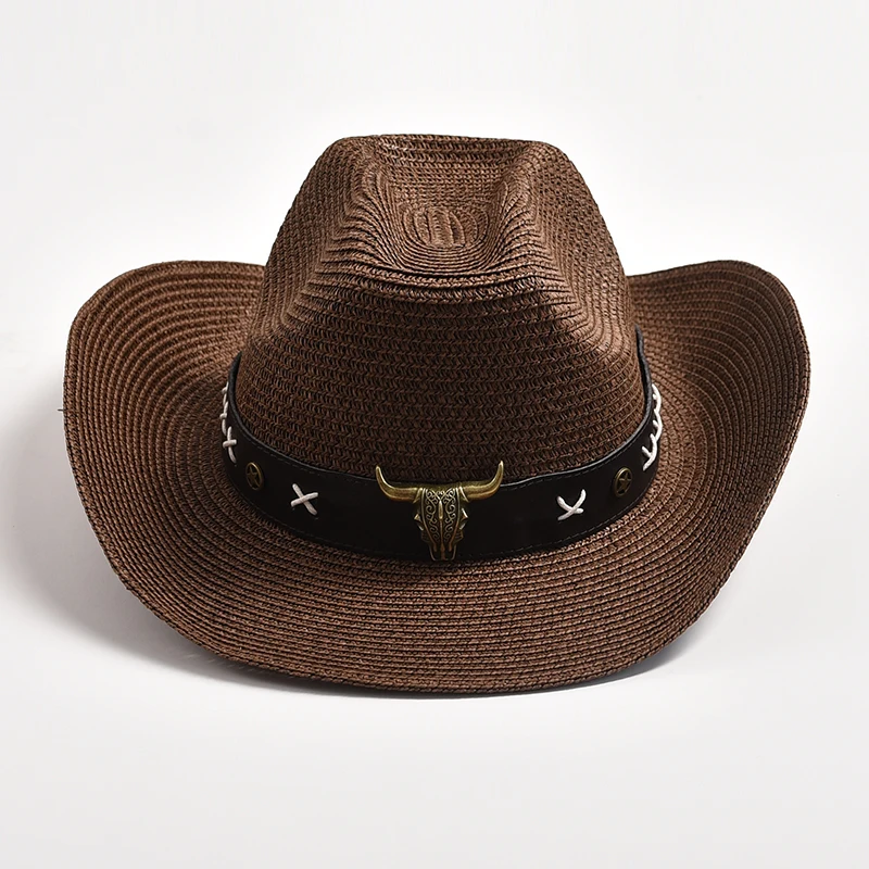 Straw Western Cowboy Hats with Metal Bull Head