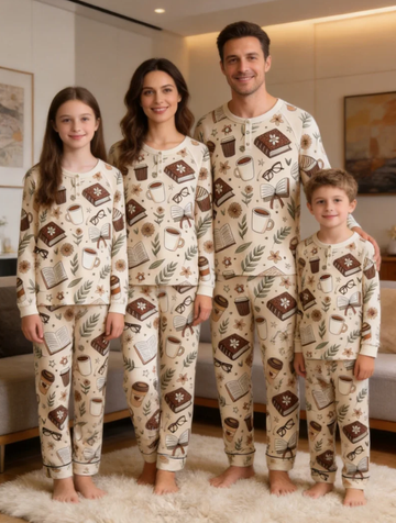 Book &amp Floral Print Matching Family Pajama Set, Long Sleeve Henley Cotton Loungewear