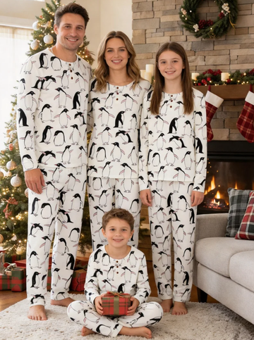 christmas Penguin Print Matching Family Pajama Set, Long Sleeve Henley Loungewear