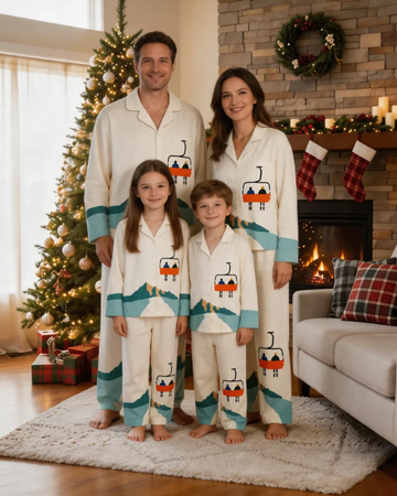 Christmas Ski Lift Mountain Print Matching Family Pajama Set, Button-Down Cotton Loungewear