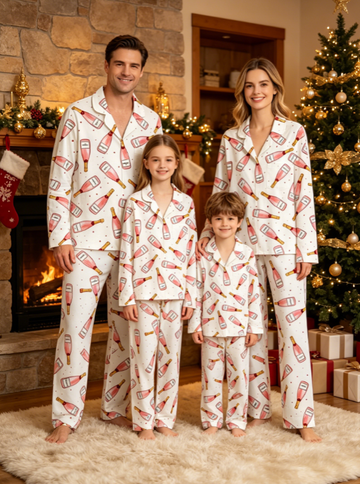 Christmas Rosé Bottle Print Matching Family Pajama Set, Button-Down Cotton Loungewear