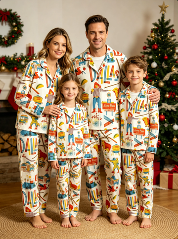 Dallas Landmark Print Matching Family Pajama Set, Button-Down Cotton Loungewear