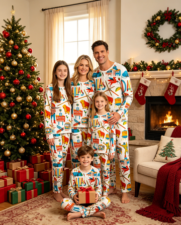 Dallas Landmark Print Matching Family Pajama Set, Long Sleeve Henley Cotton Loungewear