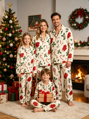 Christmas Mittens & Candy Cane Print Matching Family Pajama Set, Button-Down Cotton Loungewear