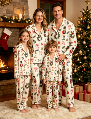 Christmas Nutcracker & Wreath Print Matching Family Pajama Set, Button-Down Cotton Loungewear