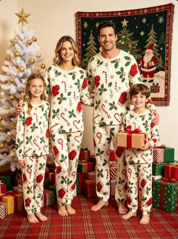 Christmas Mittens & Candy Cane Print Matching Family Pajama Set, Long Sleeve Henley Cotton Loungewear