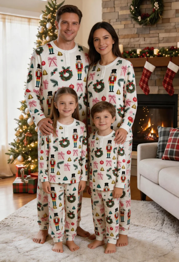 Festive Nutcracker & Holiday Gift Matching Family Pajama Set, Long Sleeve Henley Cotton Loungewear