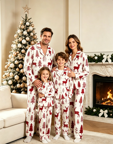 Rustic Plaid Reindeer & Woodland Pine Matching Family Pajama Set, Button-Down Cotton Loungewear