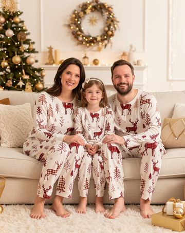 Rustic Plaid Reindeer & Woodland Pine Matching Family Pajama Set, Long Sleeve Henley Cotton Loungewear