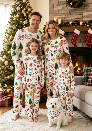 Festive Holiday Treat & Seasonal Icon Matching Family Pajama Set, Long Sleeve Henley Cotton Loungewear