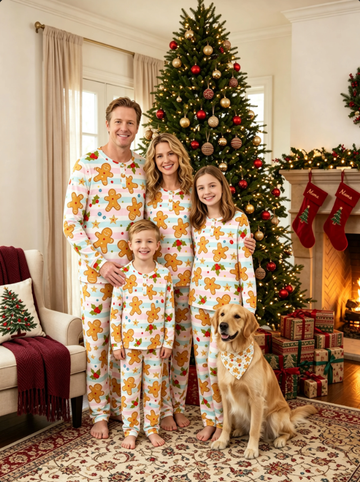 Sweet Gingerbread Man & Festive Stripe Matching Family Pajama Set, Long Sleeve Henley Cotton Loungewear