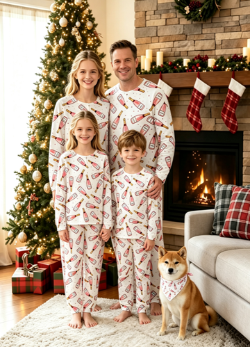 Elegant Sparkling Wine & Celebration Print Matching Family Pajama Set, Long Sleeve Henley Cotton Loungewear