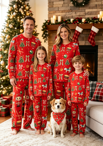 Festive Nutcracker & Holiday Toy Print Matching Family Pajama Set, Long Sleeve Henley Cotton Loungewear