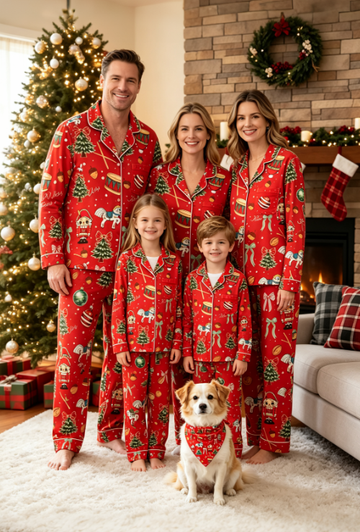 Festive Nutcracker & Holiday Toy Print Matching Family Pajama Set, Button-Down Cotton Loungewear