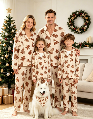 Gingerbread House & Festive Cookie Pattern Matching Family Pajama Set, Button-Down Cotton Loungewear