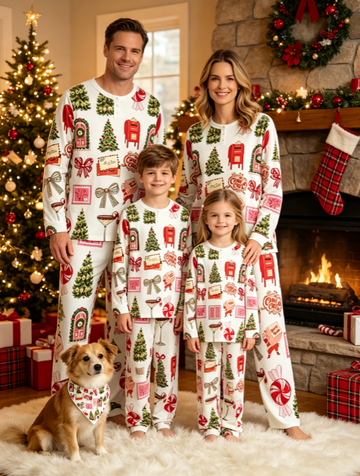 Merry Holiday Mail & Festive Tree Print Matching Family Pajama Set, Long Sleeve Henley Cotton Loungewear