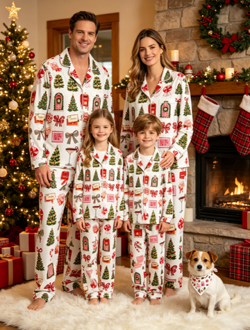Festive Christmas Mail & Holiday Tree Print Matching Family Pajama Set, Button-Down Cotton Loungewear