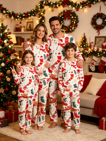 Joyful Snowman & Winter Bear Pattern Matching Family Pajama Set, Long Sleeve Henley Cotton Loungewear