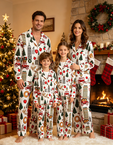 Festive Cityscape & Holiday Carriage Print Matching Family Pajama Set, Button-Down Cotton Loungewear
