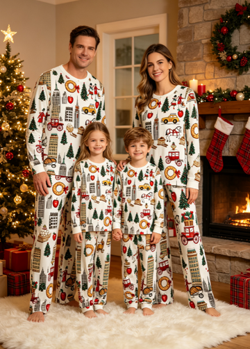 Festive City Holiday & Winter Carriage Print Matching Family Pajama Set, Long Sleeve Henley Cotton Loungewear