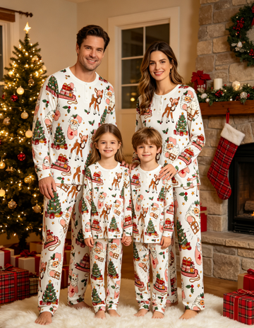 Cozy Christmas Forest Friends Matching Family Pajama Set, Long Sleeve Henley Cotton Loungewear
