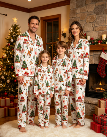 Charming Christmas Forest & Holiday Friend Matching Family Pajama Set, Button-Down Cotton Loungewear