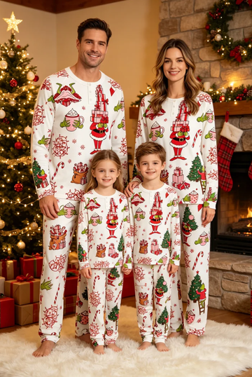 Festive Holiday Character & Winter Joy Print Matching Family Pajama Set, Long Sleeve Henley Cotton Loungewear