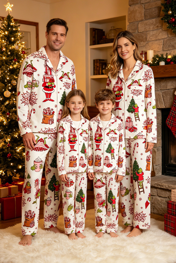 Whimsical Holiday Character & Seasonal Decor Matching Family Pajama Set, Button-Down Cotton Loungewear