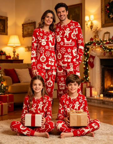 Festive Reindeer & Holiday Icon Matching Family Pajama Set, Long Sleeve Henley Cotton Loungewear