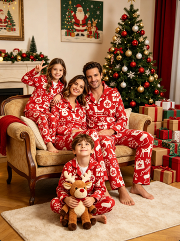 Holiday Reindeer & Festive Icon Print Matching Family Pajama Set, Button-Down Cotton Loungewear
