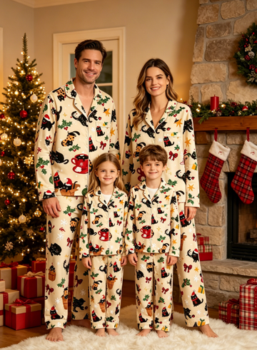 Christmas Black Cat & Festive Bow Print Matching Family Pajama Set, Button-Down Cotton Loungewear