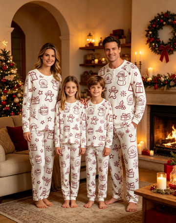 Christmas Snowman & Gingerbread Print Matching Family Pajama Set, Long Sleeve Henley Cotton Loungewear