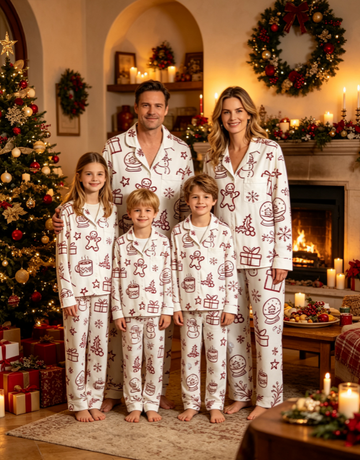 Christmas Santa Cookie & Pink Snowman Matching Couples Pajama Set, Button-Down Cotton Loungewear